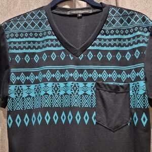 NWOT Mens Foreign Exchange Black and Teal Geometric Aztec V-Neck Tee S Small